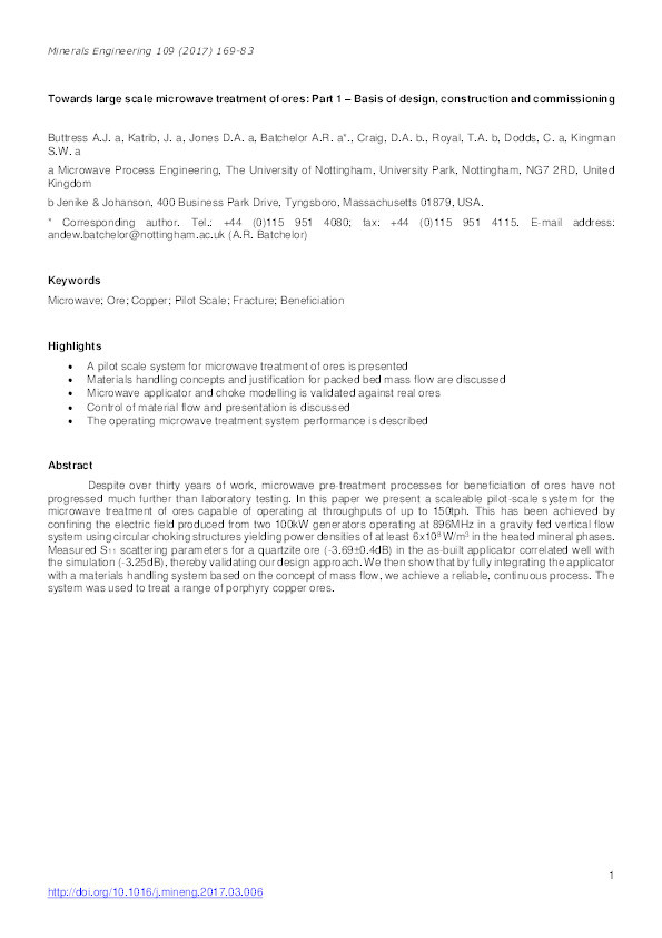 Towards large scale microwave treatment of ores: Part 1 – Basis of design, construction and commissioning Thumbnail