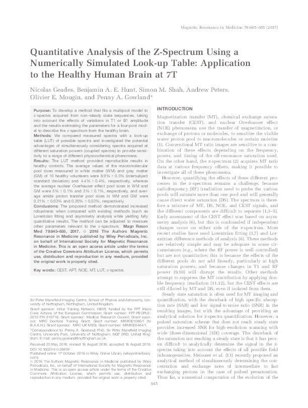 Quantitative analysis of the z-spectrum using a numerically simulated look-up table: application to the healthy human brain at 7T Thumbnail