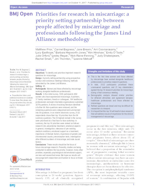 Priorities for research in miscarriage: a priority setting partnership between people affected by miscarriage and professionals, following the James Lind Alliance methodology Thumbnail