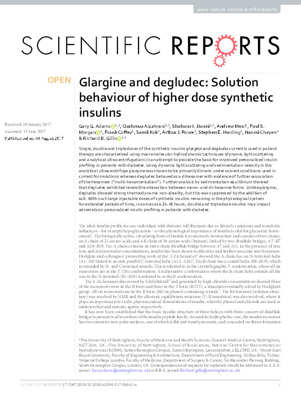Glargine and degludec: solution behaviour of higher dose synthetic insulins Thumbnail