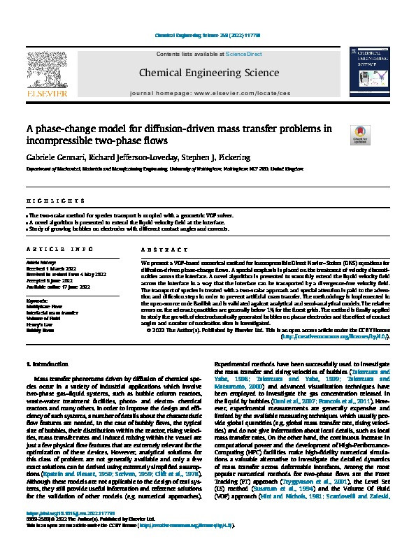 A phase-change model for diffusion-driven mass transfer problems in incompressible two-phase flows Thumbnail