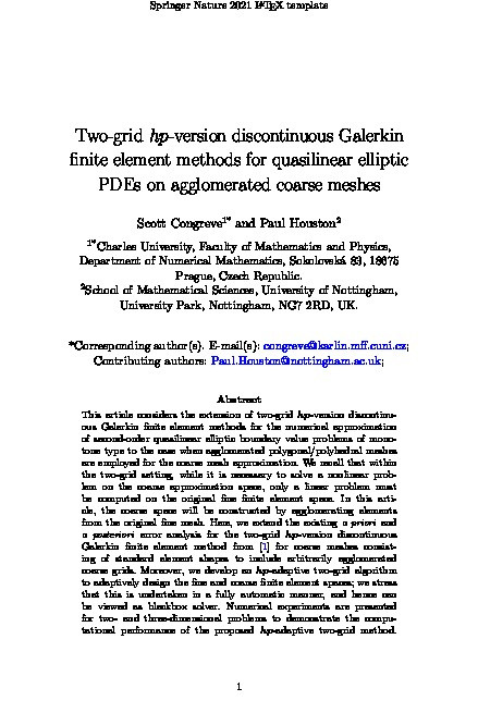 Two-grid hp-version discontinuous Galerkin finite element methods for quasilinear elliptic PDEs on agglomerated coarse meshes Thumbnail