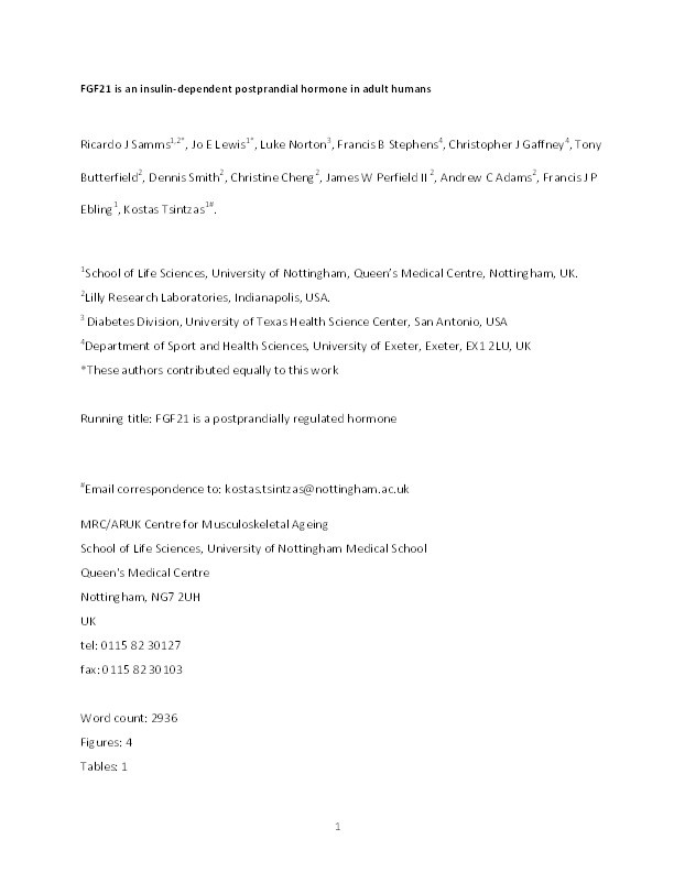 FGF21 is an insulin-dependent postprandial hormone in adult humans Thumbnail