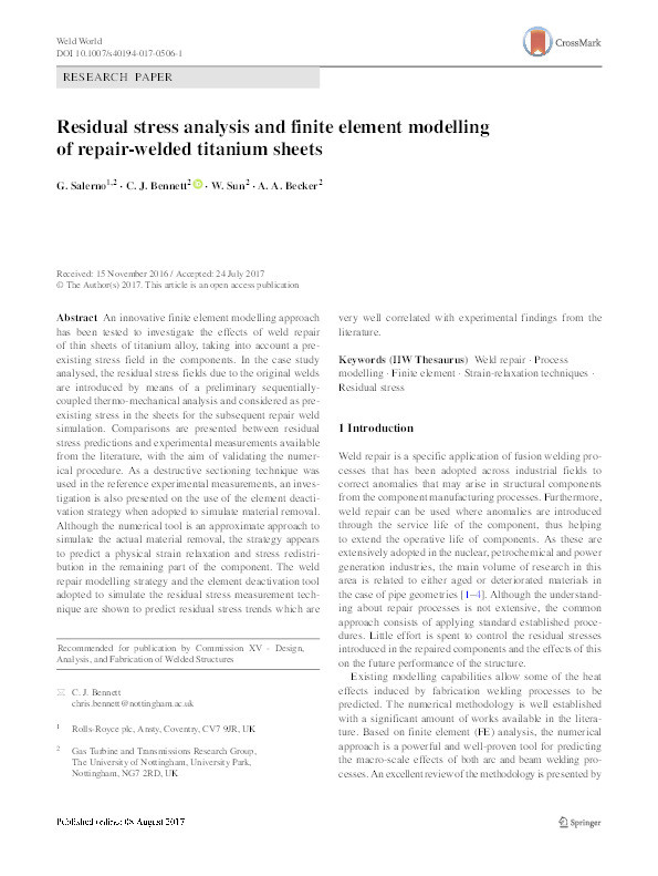 Residual stress analysis and finite element modelling of repair-welded titanium sheets Thumbnail