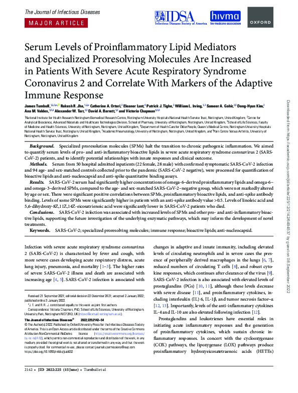 Serum Levels of Proinflammatory Lipid Mediators and Specialized Proresolving Molecules Are Increased in Patients With Severe Acute Respiratory Syndrome Coronavirus 2 and Correlate With Markers of the Adaptive Immune Response Thumbnail