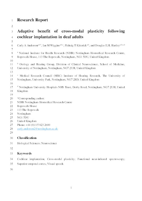 Adaptive benefit of cross-modal plasticity following cochlear implantation in deaf adults Thumbnail