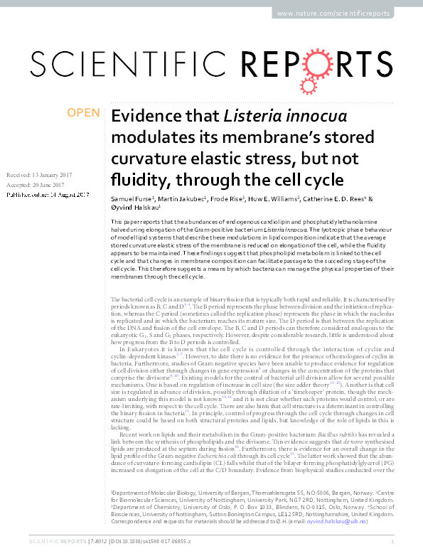 Evidence that Listeria innocua modulates its membrane’s stored curvature elastic stress, but not fluidity, through the cell cycle Thumbnail