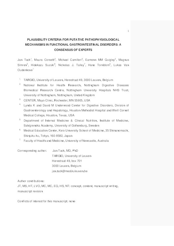 Plausibility criteria for putative pathophysiological mechanisms in functional gastrointestinal disorders: a consensus of experts Thumbnail