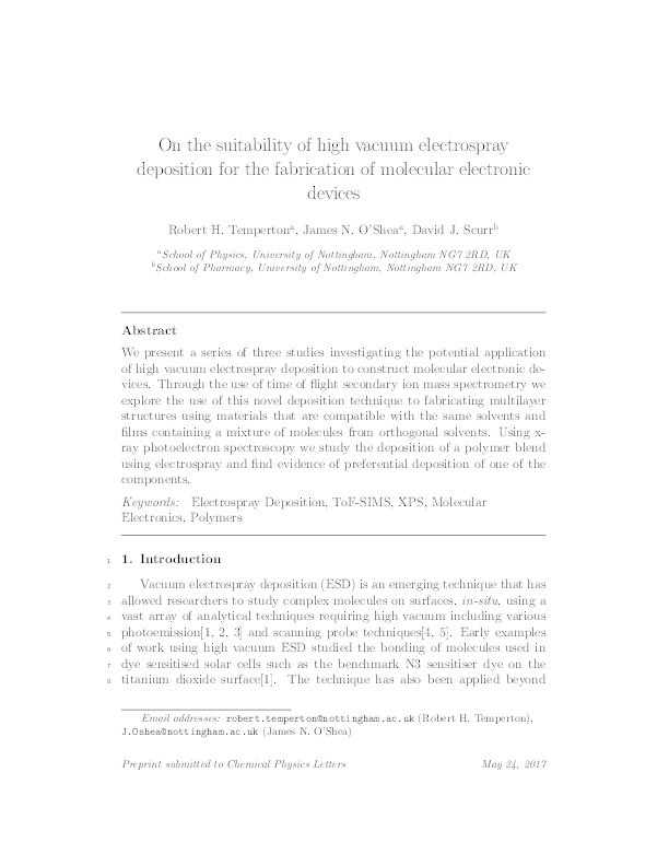 On the suitability of high vacuum electrospray deposition for the fabrication of molecular electronic devices Thumbnail