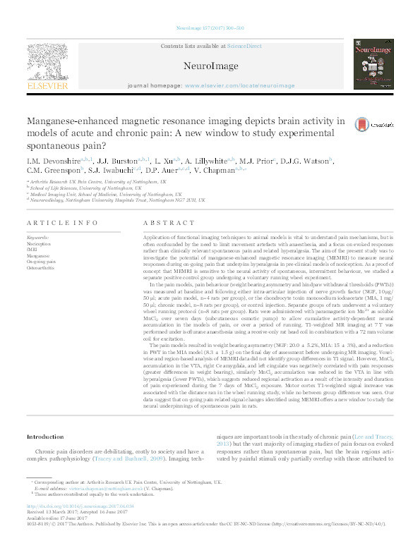 Manganese-enhanced magnetic resonance imaging depicts brain activity in models of acute and chronic pain: a new window to study experimental spontaneous pain? Thumbnail