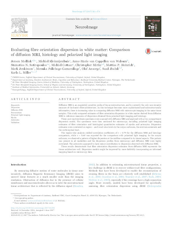 Evaluating fibre orientation dispersion in white matter: comparison of diffusion MRI, histology and polarized light imaging Thumbnail