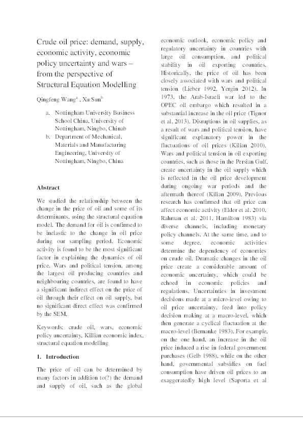 Crude oil price: Demand, supply, economic activity, economic policy uncertainty and wars: from the perspective of structural equation modelling (SEM) Thumbnail