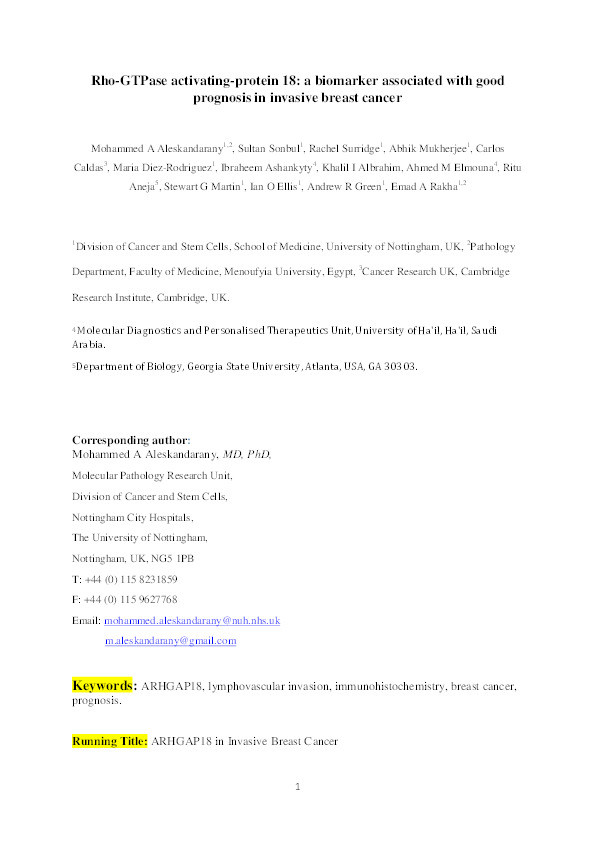 Rho-GTPase activating protein 18: a biomarker associated with good prognosis in invasive breast cancer Thumbnail
