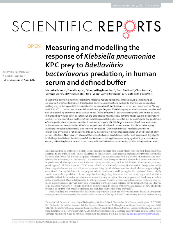 Measuring and modelling the response of Klebsiella pneumoniae KPC prey to Bdellovibrio bacteriovorus predation, in human serum and defined buffer Thumbnail