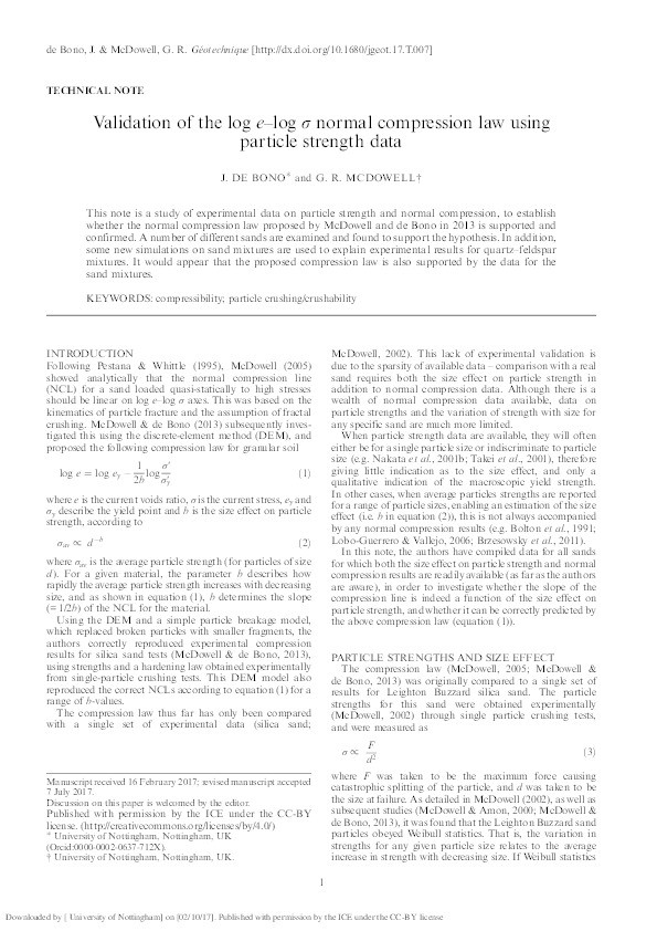 Validation of the log e–log σ normal compression law using particle strength data Thumbnail