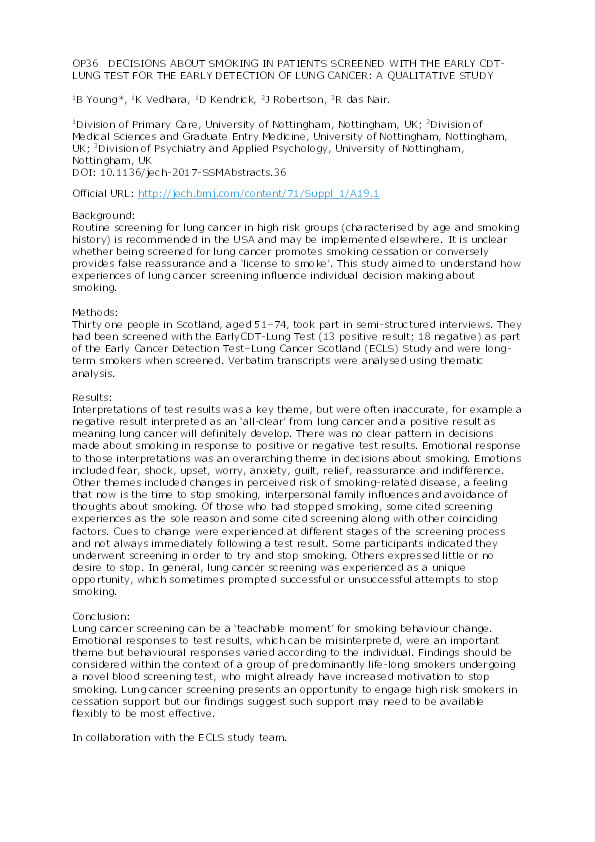 OP36 Decisions about smoking in patients screened with the early cdt-lung test for the early detection of lung cancer: a qualitative study Thumbnail