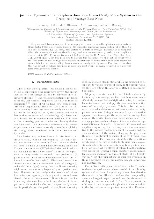 Quantum dynamics of a Josephson junction driven cavity mode system in the presence of voltage bias noise Thumbnail