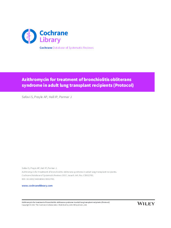 Azithromycin for treatment of bronchiolitis obliterans syndrome in adult lung transplant recipients Thumbnail