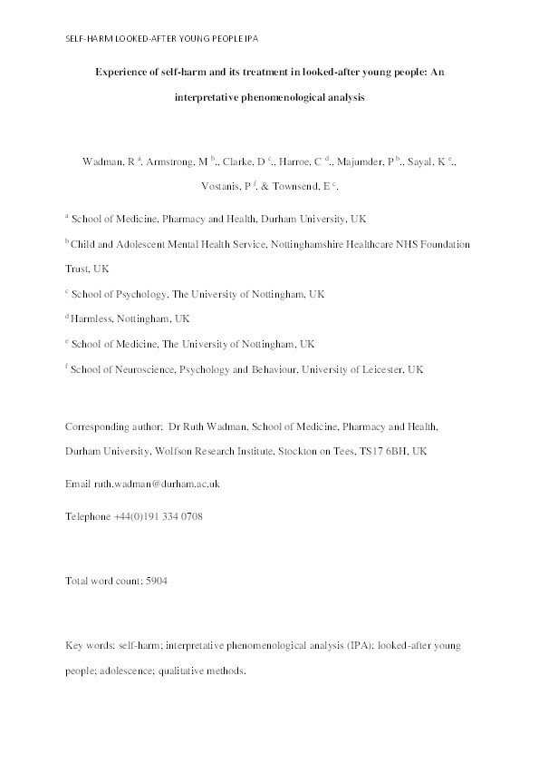 Experience of self-harm and its treatment in looked-after young people: an interpretative phenomenological analysis Thumbnail