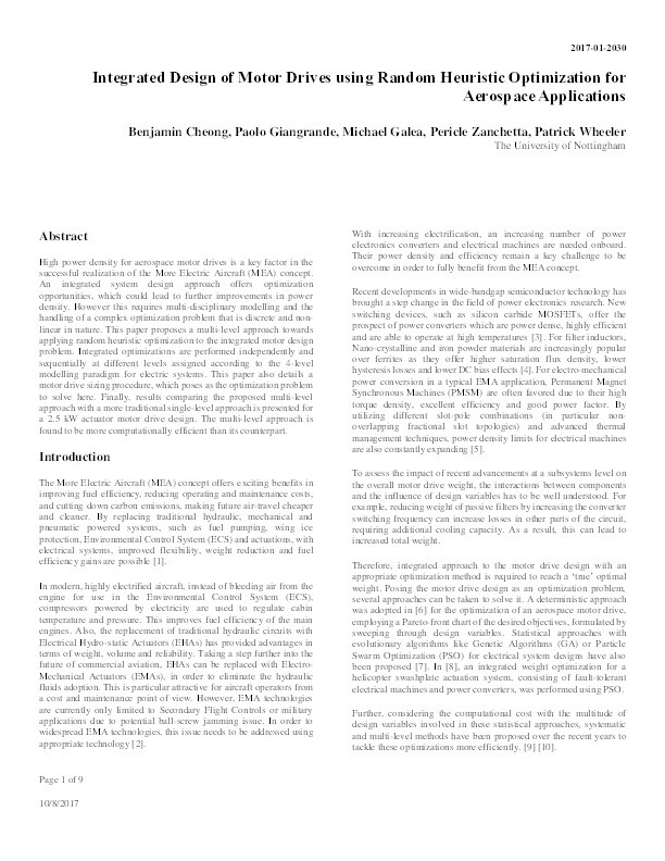 Integrated design of motor drives using random heuristic optimization for aerospace applications Thumbnail