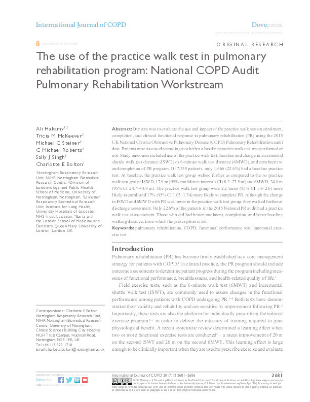 The use of the practice walk test in pulmonary rehabilitation program: National COPD Audit Pulmonary Rehabilitation Workstream Thumbnail