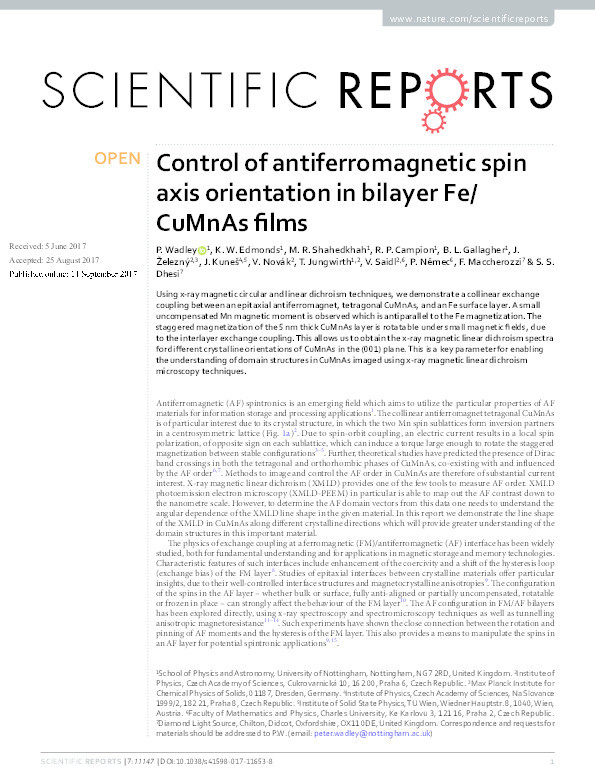 Control of antiferromagnetic spin axis orientation in bilayer Fe/CuMnAs films Thumbnail