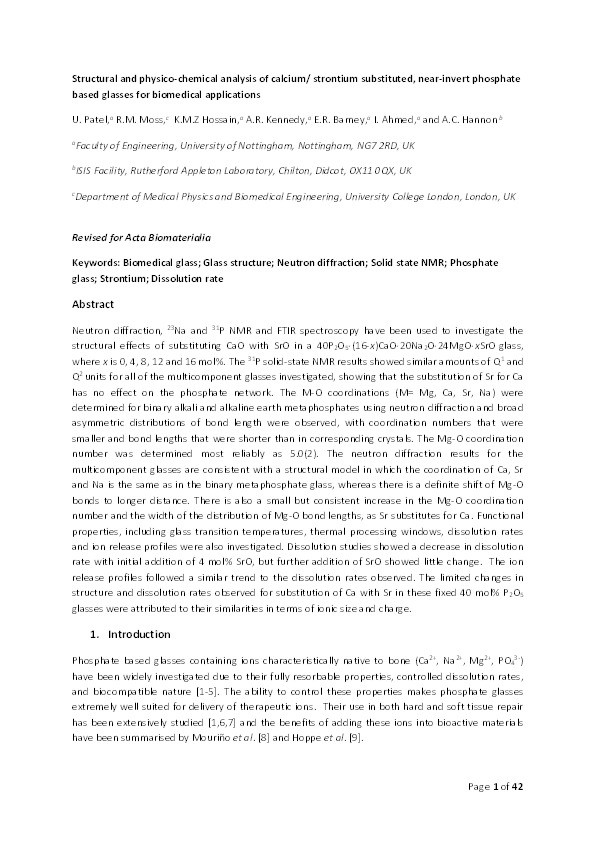 Structural and physico-chemical analysis of calcium/ strontium substituted, near-invert phosphate based glasses for biomedical applications Thumbnail