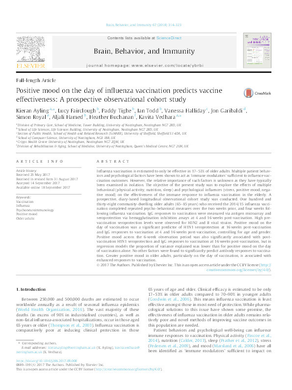 Positive mood on the day of influenza vaccination predicts vaccine effectiveness: A prospective observational cohort study Thumbnail