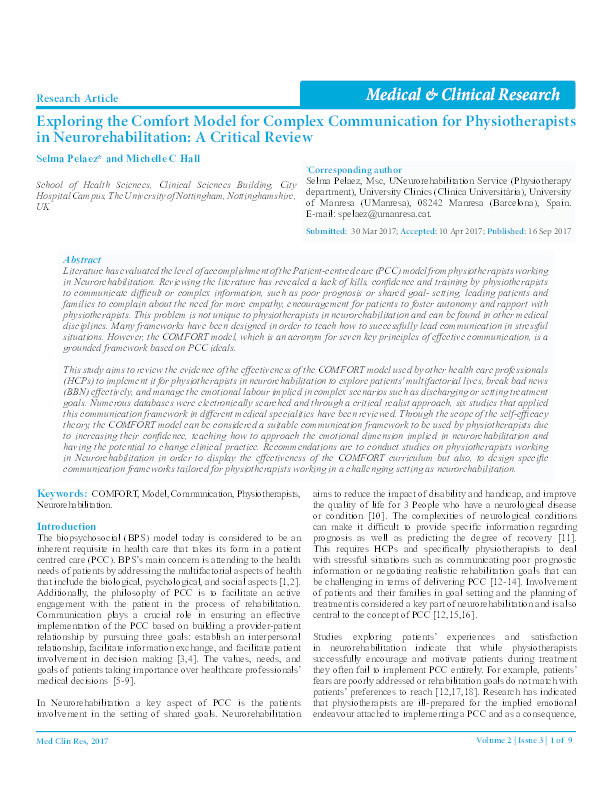 Exploring the COMFORT model for complex communication for physiotherapists in neurorehabilitation: a critical review Thumbnail