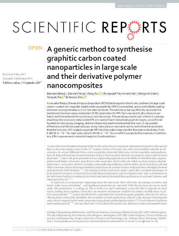 A generic method to synthesise graphitic carbon coated nanoparticles in large scale and their derivative polymer nanocomposites Thumbnail