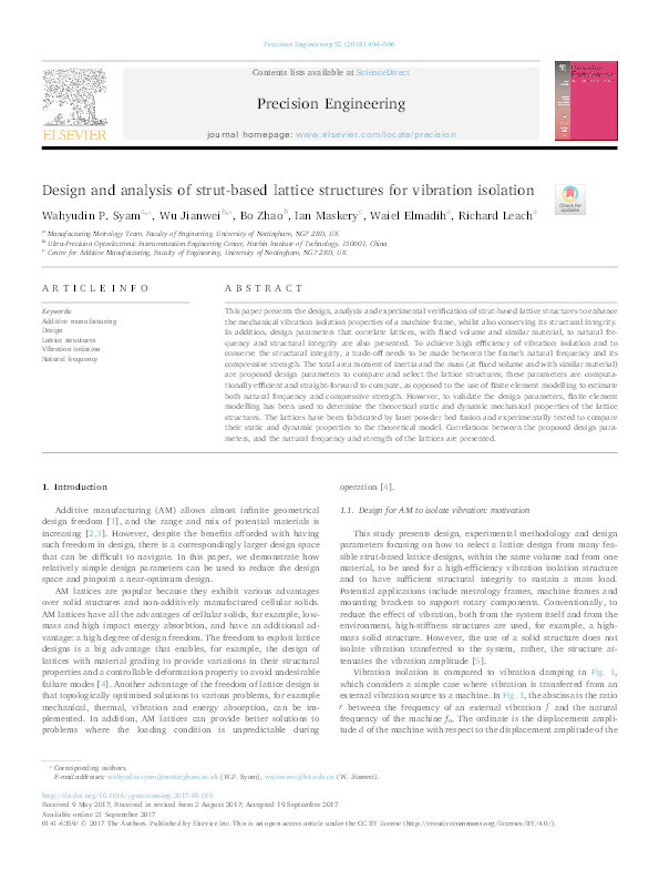 Design and analysis of strut-based lattice structures for vibration isolation Thumbnail