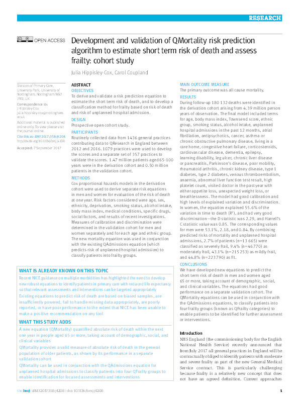 Development and validation of QMortality risk prediction algorithm to estimate short term risk of death and assess frailty: cohort study Thumbnail