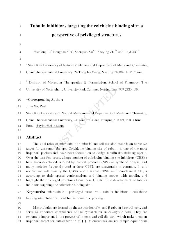 Tubulin inhibitors targeting the colchicine binding site: a perspective of privileged structures Thumbnail