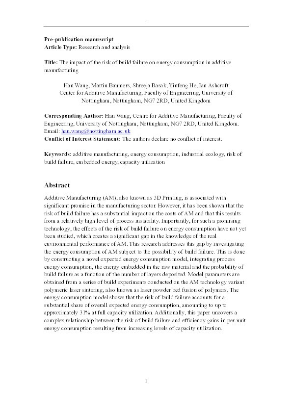 The impact of the risk of build failure on energy consumption in additive manufacturing Thumbnail