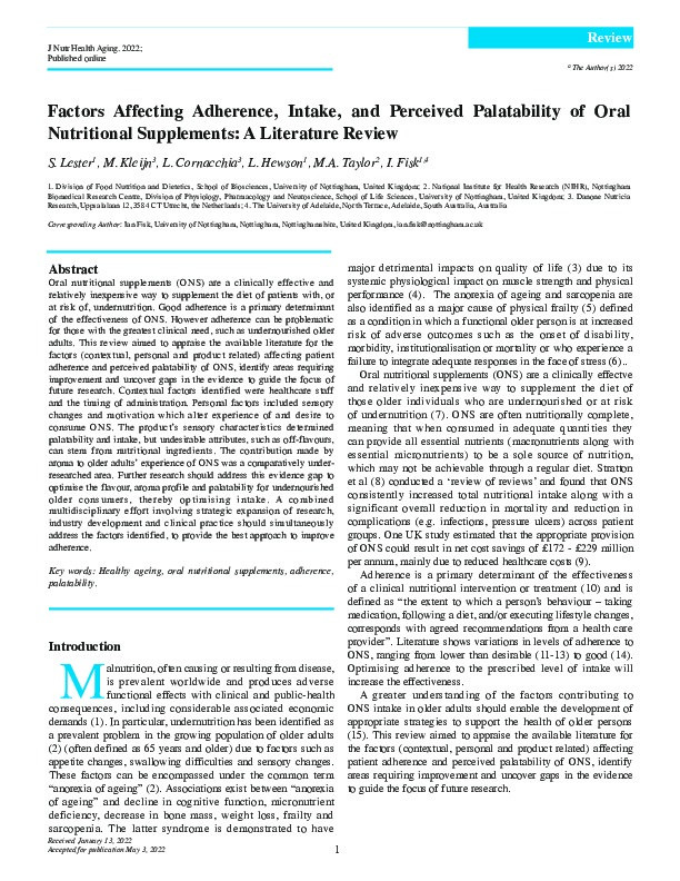 Factors Affecting Adherence, Intake, and Perceived Palatability of Oral Nutritional Supplements: A Literature Review Thumbnail