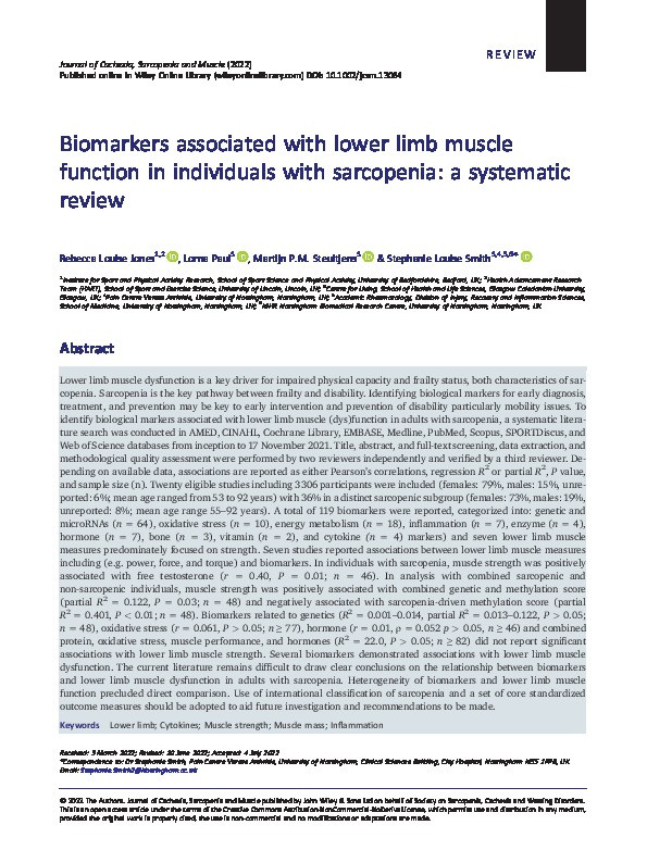 Biomarkers associated with lower limb muscle function in individuals with sarcopenia: a systematic review Thumbnail