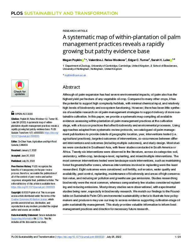 A systematic map of within-plantation oil palm management practices reveals a rapidly growing but patchy evidence base Thumbnail