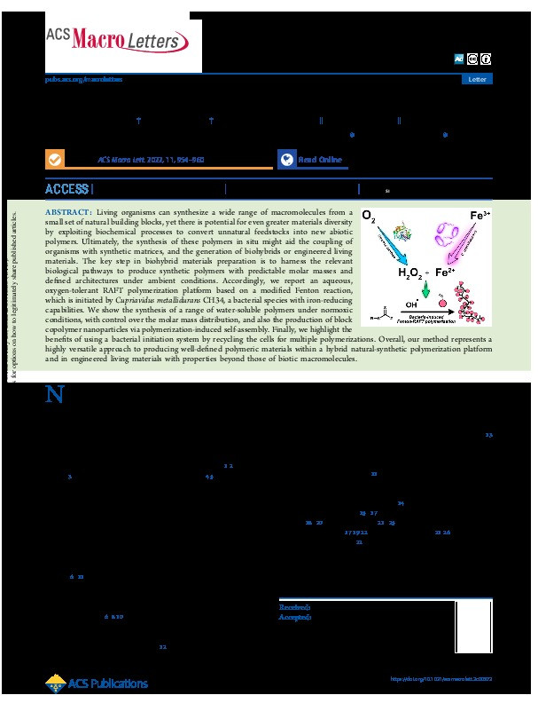 Oxygen-Tolerant RAFT Polymerization Initiated by Living Bacteria Thumbnail