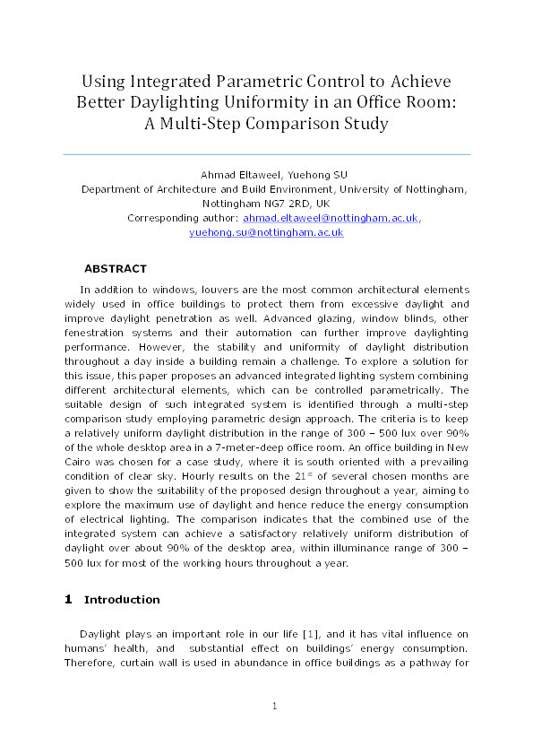 Using integrated parametric control to achieve better daylighting uniformity in an office room: a multi-Step comparison study Thumbnail