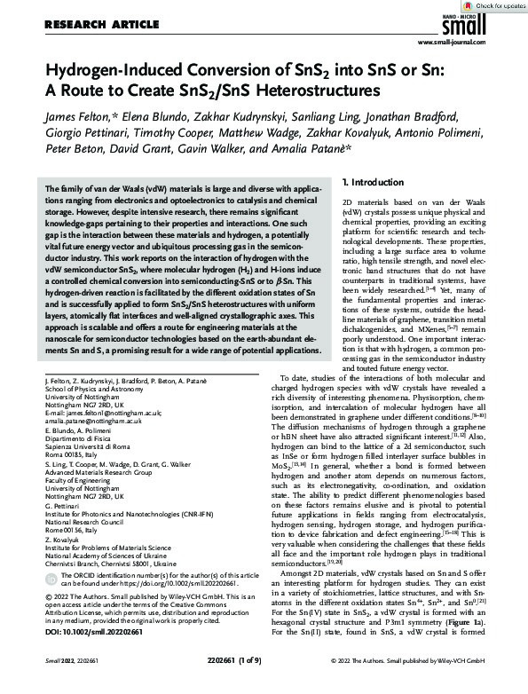 Hydrogen-Induced Conversion of SnS2 into SnS or Sn: A Route to Create SnS2/SnS Heterostructures Thumbnail