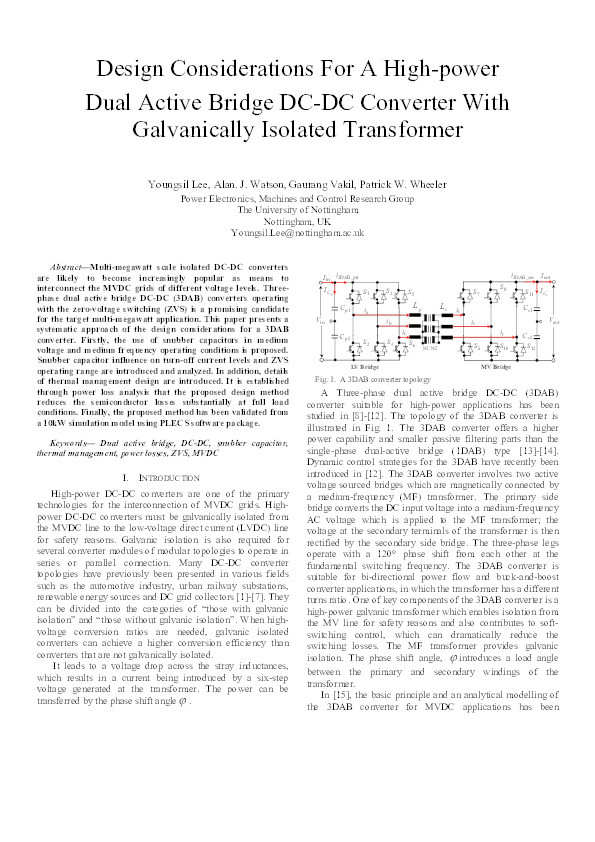 Design considerations for a high-power dual active bridge DC-DC converter with galvanically isolated transformer Thumbnail