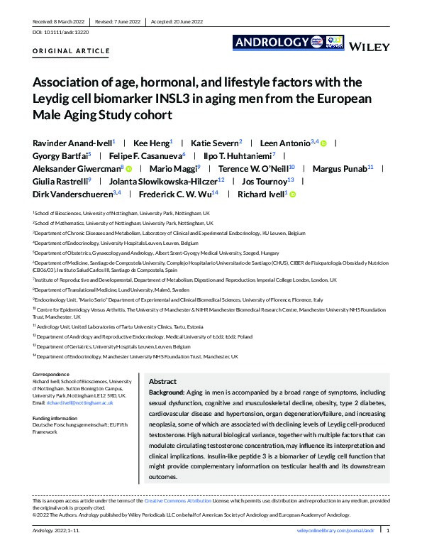 Association of age, hormonal, and lifestyle factors with the Leydig cell biomarker INSL3 in aging men from the European Male Aging Study cohort Thumbnail