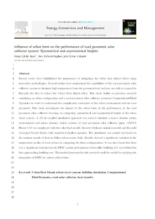 Influence of urban form on the performance of road pavement solar collector system: symmetrical and asymmetrical heights Thumbnail