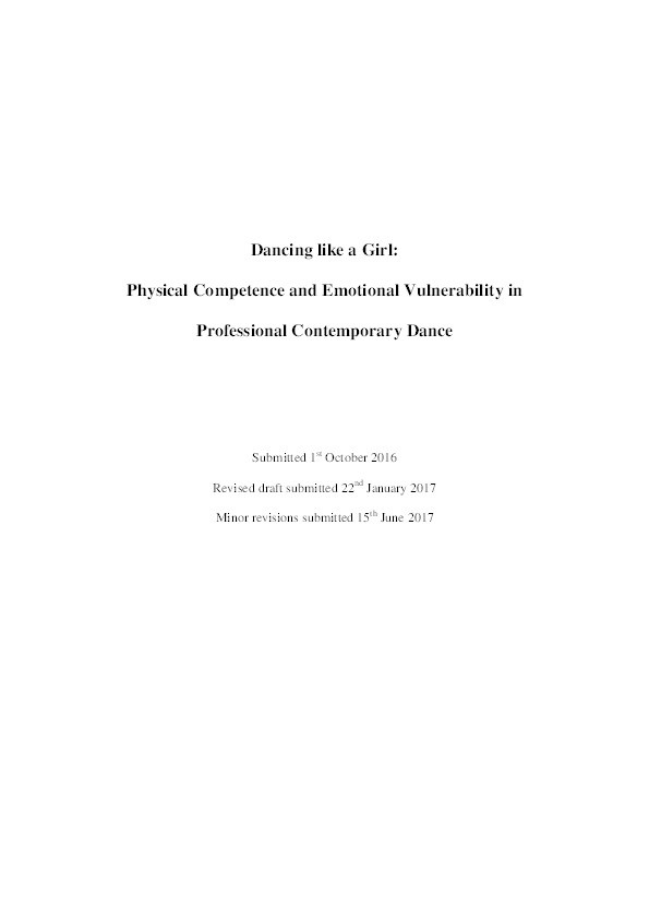 Dancing like a girl: physical competence and emotional vulnerability in professional contemporary dance Thumbnail