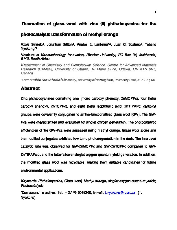 Decoration of glass wool with zinc (II) phthalocyanine for the photocatalytic transformation of methyl orange Thumbnail