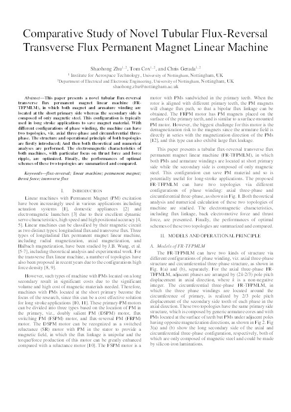 Comparative study of novel tubular flux-reversal transverse flux permanent magnet linear machine Thumbnail