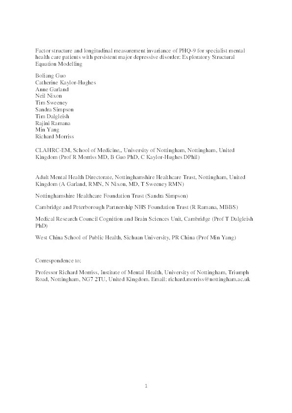 Factor structure and longitudinal measurement invariance of PHQ-9 for specialist mental health care patients with persistent major depressive disorder: Exploratory Structural Equation Modelling Thumbnail