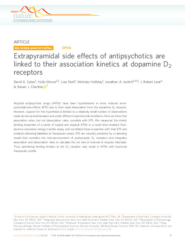 Extrapyramidal side effects of antipsychotics are linked to their association kinetics at dopamine D2 receptors Thumbnail