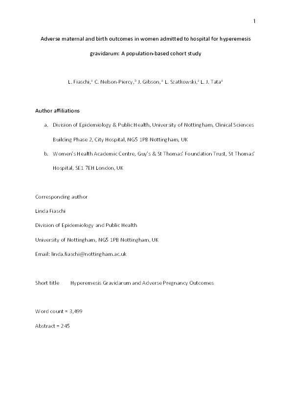 Adverse maternal and birth outcomes in women admitted to hospital for hyperemesis gravidarum: A population-based cohort study Thumbnail