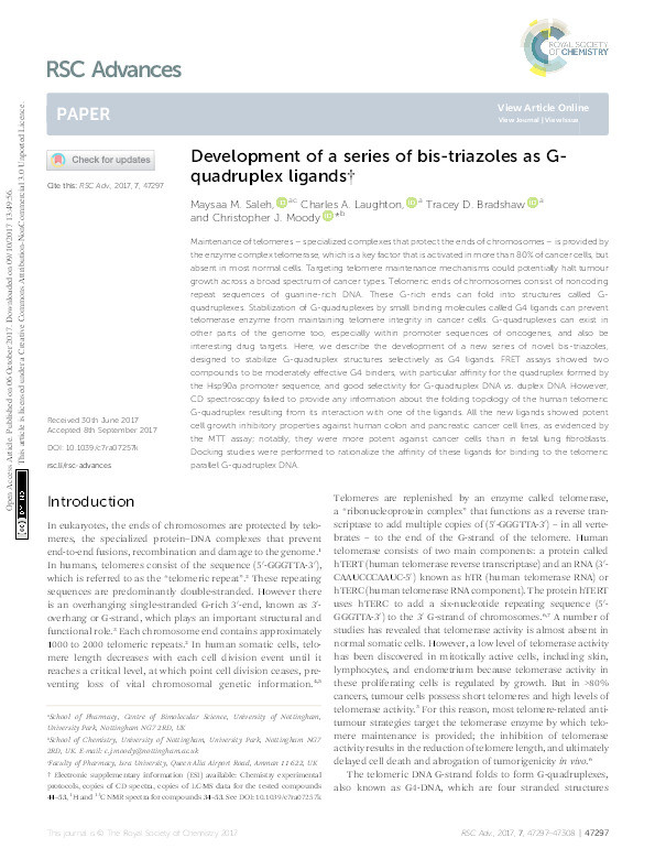 Development of a series of bis-triazoles as G-quadruplex ligands Thumbnail